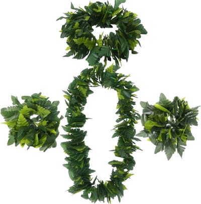 Tropische kostuumset met 4 delen, versierde slingers, Hawaiiaanse bloemen, luau feesthoofddeksels en armbanden voor jungle themafeesten en hula evenementen