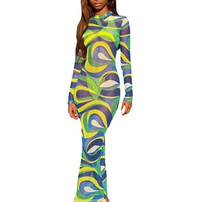 Dames Herfst Nieuwe Casual Mesh Bedrukt Lange Mouw Ronde Hals Slim Fit Basis Jurk S groen