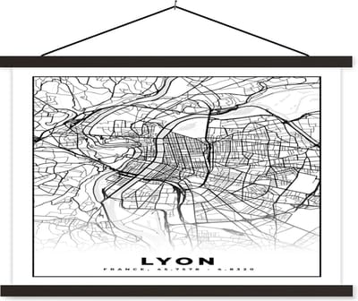 Posterhanger incl. Poster 60x40 cm - Schoolplaat - Lyon - Stadskaart - Plattegrond - Kaart - Frankrijk - Zwart wit - Textielposter - Zwarte latten - Stadskaart