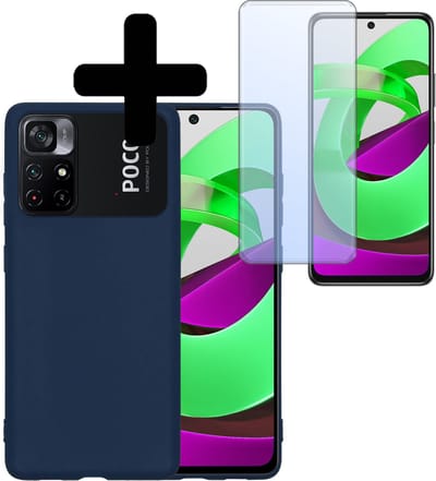 Hoesje - Met Screenprotector - Geschikt voor Xiaomi Poco M4 Pro 5G - Sterk & Shockproof - Back Cover - Siliconen Case - Telefoon Hoes - Telefoonhoesjes - Donkerblauw