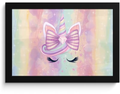 Poster in lijst - Fotolijst 30x20 cm - Posters - Eenhoorn - Glitters - Regenboog - Pastel - Posterlijst zwart - Decoratie - Wanddecoratie woonkamer - Muurdecoratie slaapkamer