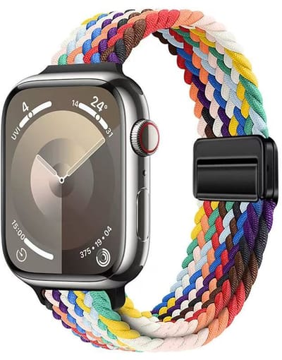 Stravo Slank Gevlochten Nylon Bandje – Geschikt voor Apple Watch 42mm (Series 11/10), 41mm (Series 9/8/7), 40mm (Series 6/5/4, SE 1/2/3), 38mm (Series 3/2/1) – Magnetische Sluiting – Comfortabel Horlogebandje – Regenboog