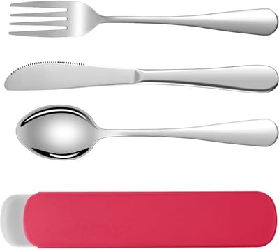 Bestek set, 3 stuks Herbruikbare Gebruiksvoorwerpen Set, draagbare roestvrijstalen bestek met plastic Doos, draagbaar keukengerei voor buitenreizen Picknickkantoor Schoollunchbox - rood
