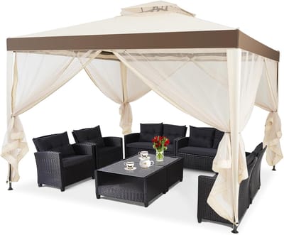 COSTWAY 3x3m paviljoen pergola prieel partytent weerbestendig UV-bescherming - met 4 klamboe zijpanelen dubbel dak