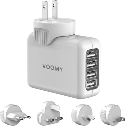 Voomy Universele Wereldstekker - 170+ landen - 4 USB-A Poorten - Modulaire Reisstekker Wereld: Amerika (USA), Engeland (UK), Australië, Zuid Amerika, Afrika, Italië, Thailand - Wit