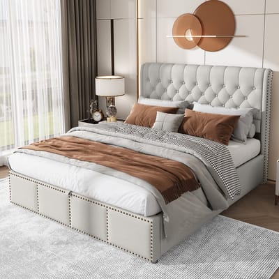 MODENUIT Gestoffeerd Bed 140x200 cm – Hydraulische Opbergruimte – Lattenbodem – Zonder matras – Linnenlook – Grijs