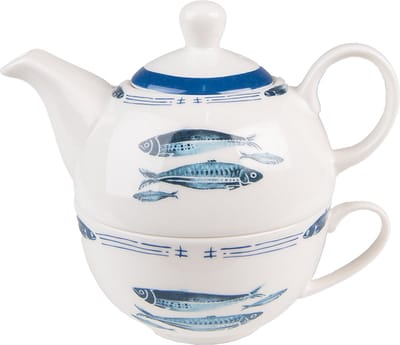 Clayre & Eef Tea for One 400 ml Wit Blauw Porselein Vissen