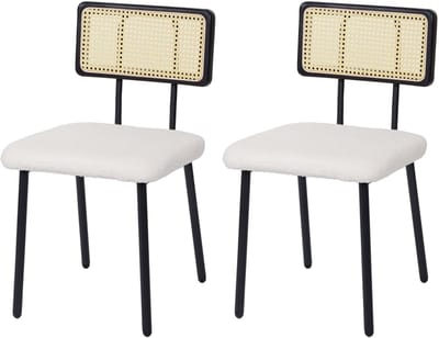 Set van 2 eetkamerstoelen MCW-K88, armstoel stoel, hout poly-rattan metaal bouclé ~ stof/textiel wit