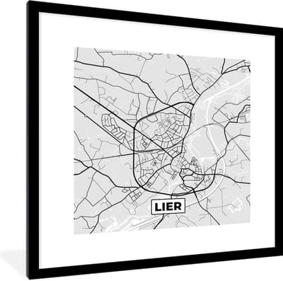 Fotolijst incl. Poster Zwart Wit- België – Lier – Stadskaart – Kaart – Zwart Wit – Plattegrond - 40x40 cm - Posterlijst