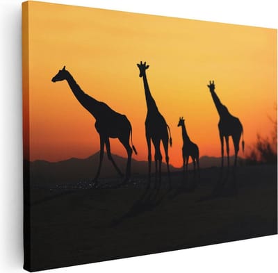Artaza Canvas Schilderij Zonsondergang - 40x30 cm - Klein - Wanddecoratie Afrika - Muurdecoratie Giraffe - Kamer Accessoires Dieren