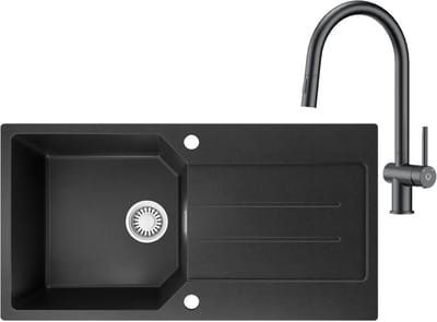 Anycee max Granieten spoelbakken (86x45CM) - Spoelbak Keuken Met Keukenkraan Met Uittrekbare Uitloop- Wasbak Keuken Met Waterafvoersysteem en Afdruiprek - Zwart