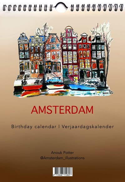 Verjaardagskalender - A4 formaat met ringband - Biotop 300 grams papier - Amsterdam Verjaardagskalender - birthday calendar met tekeningen en schilderijen van Amsterdam - Amsterdamse grachtenpanden - grachtenpandjes - hand getekende ontwerpen