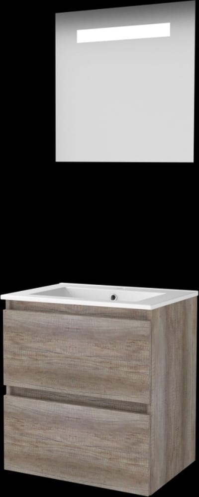 Basic-Line Economic 46 Badkamermeubelset - 60 x 46 cm - Greeploos - 2 Lades - Keramische Wastafel - 1 Kraangat - Spiegel met LED Verlichting - Scotch Oak