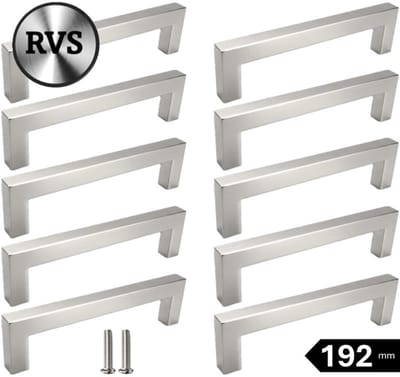10 X MSQDESIGN Handgrepen RVS - Boormaat 192mm - zilvere Handgreep voor Keuken & Kast - Moderne RVS Meubelgreep - Keukengreep RVS zilver -Kastgrepen- zilvere RVS Greepjes Keuken - RVS Handvatten - Deurgreepjes -incl schroeven