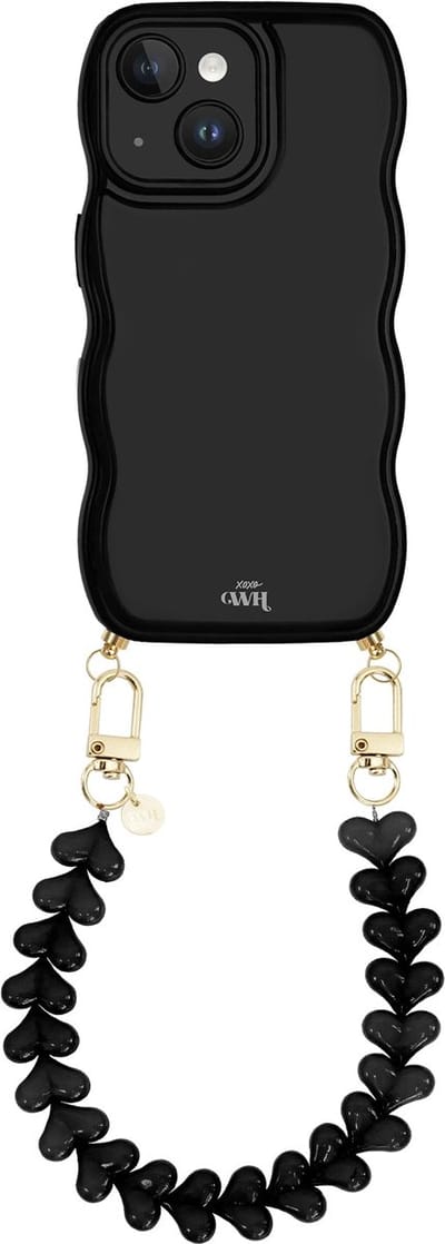 xoxo Wildhearts Glossy Wavy Cord Case Black - Funky Hearts (Zwart) - geschikt voor iPhone 13 - hoesje met koord - telefoonkoord met hartjes - golvend hoesje - silicone case - schokbestendig - zwart