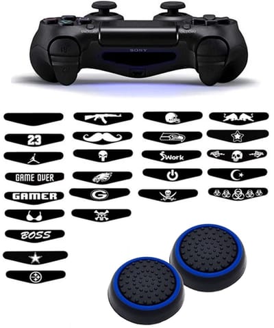Gadgetpoint - Thumb Grips + Stickers voor PS4, PlayStation 4 - Gaming Thumbgrips - Performance Thumbsticks - Anti-Slip Joystick Caps - Bescherming Accessoires - Zwart/Blauw + Willekeurige Sticker