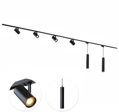 Qub Viror Railverlichting - Zwart - 600 cm - I-Vorm - 4 Mesh Spots & 2 Hanglampen - Dimbaar - Complete Set
