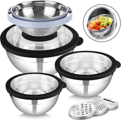 Mengkom met deksel, roestvrijstalen kom, slakom, 3-delige set met zeef en 3 raspopzetstukken voor keuken, 4,5 l/3 l/1,5 l, stapelbaar en zichtbaar, vaatwasmachinebestendig, zwart