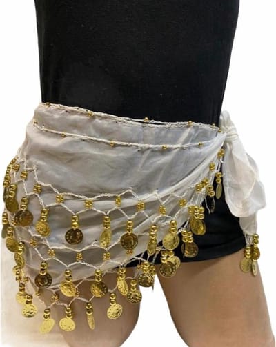 New Age Devi - Betoverende Buikdans Sjaal - Heupsjaal met Gouden Muntjes - 150 cm - Wit
