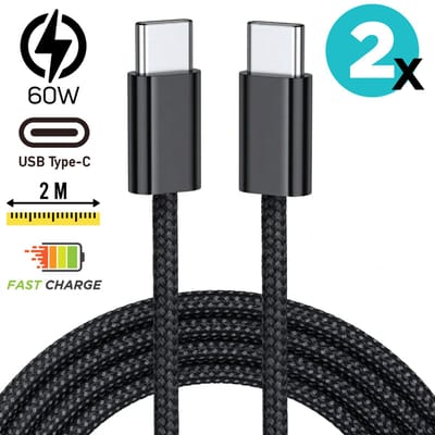USB C naar USB C kabel - Set van 2 - 60W - 2 Meter Oplaadkabel - Snellader - Gevlochten Nylon