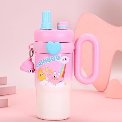 Nouvelle tasse isotherme en acier inoxydable avec personnage de dessin animé pour fille, grande capacité, avec paille, aspect élégant 850ml