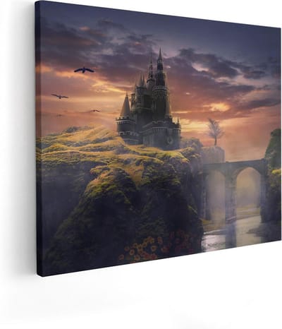 Artaza Canvas Schilderij Kasteel Op Rotsen - 50x40 cm - Muurdecoratie Bergen - Wanddecoratie Vogels - Kamer Accessoires Fantasielandschap
