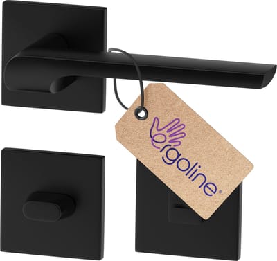 ERGO line Zwarte Deurbeslag ZOE, Deurbeslag set Binnendeur, Deurklink Set, Deurklink Op Vierkante Rozet met WC-rozet/badkamer, Mat Zwart, Deurkruk, Incl. Bevestigingsmateriaal - Terugslagveer