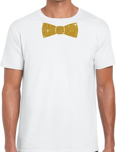 Feestkleding t-shirt - met gouden strikje - wit - voor heren - vlinderdas - glitter and glamour S