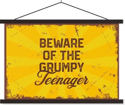 Posterhanger incl. Poster 60x40 cm - Schoolplaat - Kids - Quotes - Vintage - Beware of the grumpy teenager - Textielposter - Zwarte latten