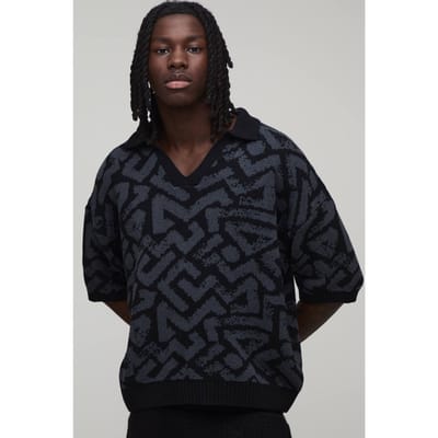 Oversized Boxy Abstract Jacquard Knitted Polo T-Shirt | Charcoal | Size XS