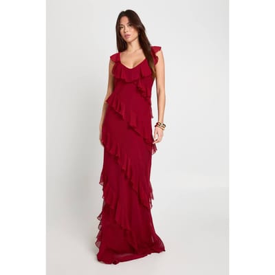 boohoo Dames Maxi-jurk met chiffon, ruches en bandjes | Merlot | Maat: 14