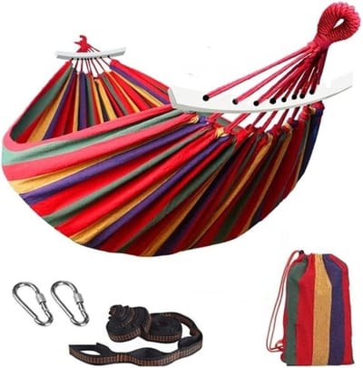 Hangmat Canvas Streep - Schommelbed Luie Stoel - Ontspannen in de tuin - Verbeterd anti-rollover ontwerp - Twee-persoons - Rood
