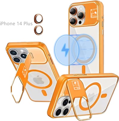 Hoesje voor iPhone 14 Plus met Standaard, Compatibel met MagSafe, Acryl + TPU Case, Hoes ingebouwde Stash Stand-telefoonhoes, Ultradun-Oranje