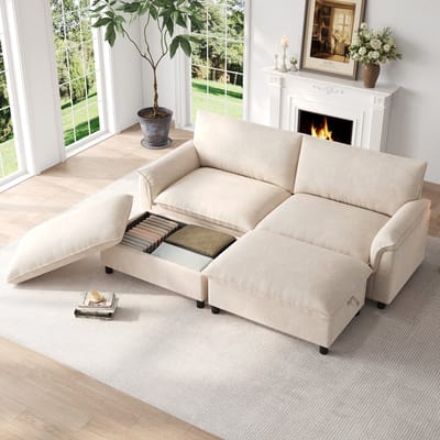OKWISH Hoekbank 216 x 77 x 82 cm - Met 2 Verplaatsbare Hockers En Opbergruimte - Voor Woonkamer Of Logeerkamer - Chenille - Beige