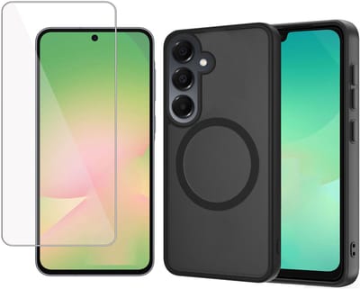 Hoesje + Screenprotector geschikt voor Samsung Galaxy A17 5G / A26 Hoesje - Portemonnee Hoesje geschikt voor MagSafe - Magnetisch - Gehard Glas- Zwart