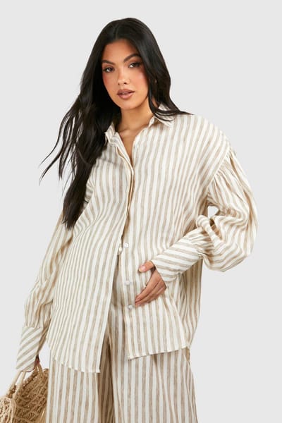 boohoo Dames Maternity Stripe Linen Look Oversized Shirt | Steen | Maat: 44