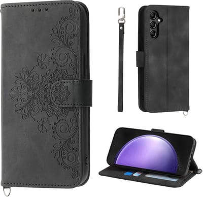 Geschikt voor Samsung Galaxy S23 FE 5G - Vintage - Lederen Book Case hoesje - Zwart