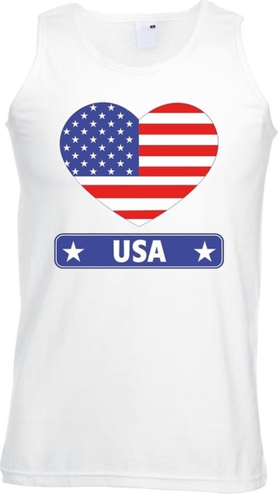 Bellatio Decorations Singlet Amerika - wit - USA hart vlag - heren - shirt - tanktop - Amerikaans S