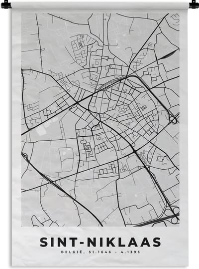 Wandkleed - Wanddoek - Stadskaart – Plattegrond – België – Zwart Wit – Sint Niklaas – Kaart - 120x180 cm - Wandtapijt