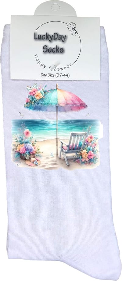Strand - Opkikker - Grappige sokken - Valentijns cadeau - Verjaardag cadeau - Sinterklaas cadeau - Leuke sokken - Vrolijke sokken - Kerstfeest - Vakantie - Kerst Sokken - Vaderdag - Moederdag - Kerstcadeau - Kunst sokken- Socks maken Happy - 37-44