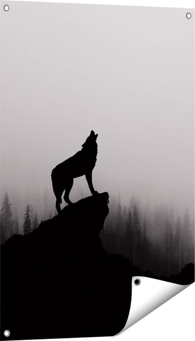 Gards Tuinposter Silhouet van een Huilende Wolf - Abstract - 60x90 cm - Tuindoek - Tuindecoratie - Wanddecoratie buiten - Tuinschilderij