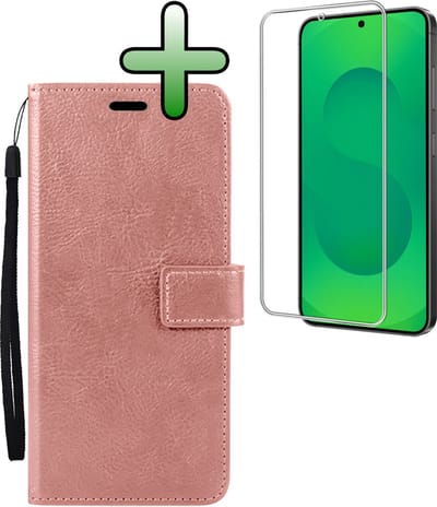 Hoesje Met Screenprotector - Geschikt voor Samsung Galaxy S25 FE - Luxe Pasjeshouder - Bookcase Portemonee - Flip Case - Kunstleer Book Case - Flipcase - Book Cover - Walletcase - Portemonneehoes - Rosé goud