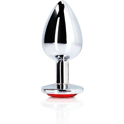 Shots - Ouch! OU794SIL - Round Gem Butt Plug - Medium - Silver / Ruby Red