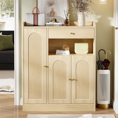 Clruro Schoenenkast - 90 x 35 x 110 cm - 3 Deuren en 1 Lade met Verstelbare Planken - Rotan Look - Houtmateriaal - Naturel