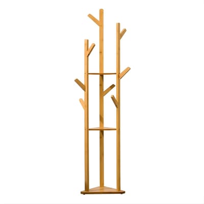 165 cm Bamboe Kledingrek – Vrijstaand 3-Laags Kapstok met 9 Haken en Planken – Modern Kledingrek voor Kleding, Hoeden en Tassen – Houtkleur