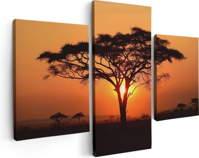 Artaza Canvas Schilderij Drieluik Zonsondergang Achter Een Savanne Boom - 90x60 - Foto Op Canvas - Canvas Print