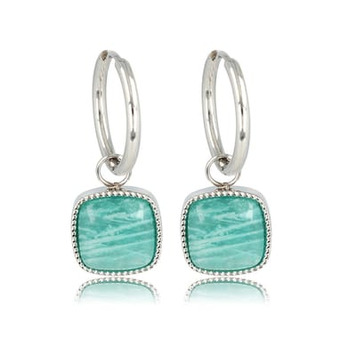 My Bendel - Oorbel Zilverkleurig Amazonite 38mm - Zilverkleurige Oorring met Betoverende Amazonite 38mm - met Luxe Cadeauverpakking | Sieraden Voor Dames