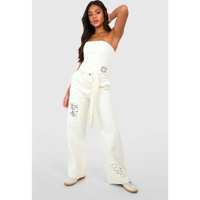 boohoo Dames Crochet Mix Ceintuurmet Wijde Pijpen Jeans | Ecru | Maat: 42