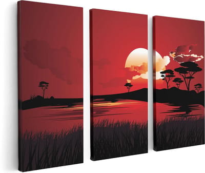 Artaza Canvas Schilderij Drieluik Rode Zonsondergang In De Savanne - Abstract - 120x80 cm - Wanddecoratie Woonkamer - Schilderijen - Muurdecoratie