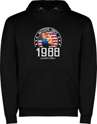 Zwarte unisex hoodie met “ Kleurrijke Awesome Since 1988 Limited Edition – Leeftijd – Verjaardag “ Print Full Color Color merk Roly maat S